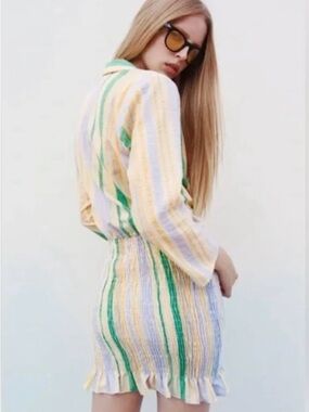 Zara Lavender Yellow/Green Small Stripe Wrap Smocked Mini Dress Ruffle Spring